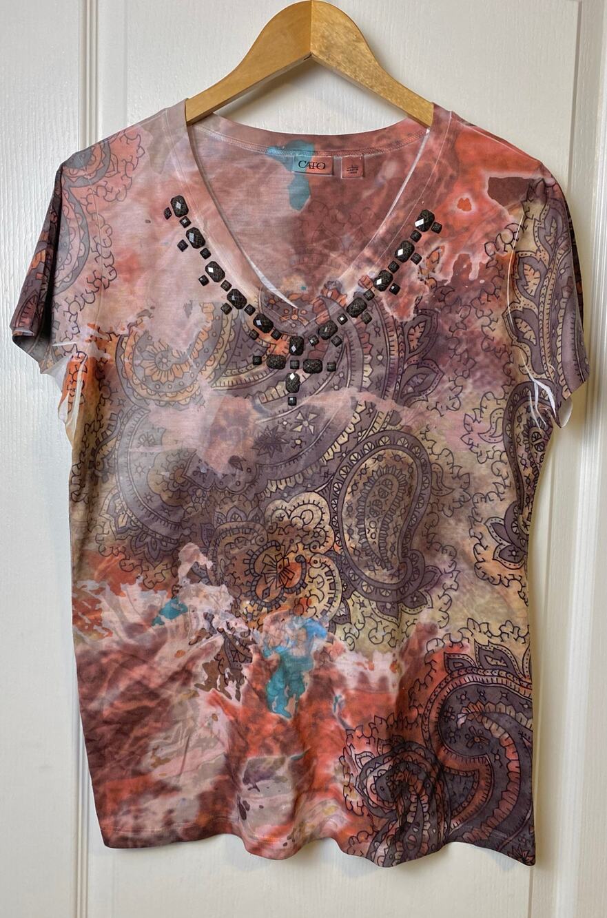 Cato Women's Brown Burgundy Boho Short Sleeve Beaded Neck Blouse Size Large